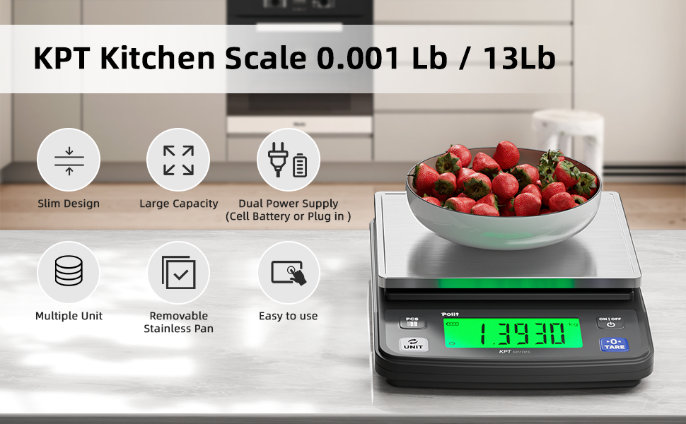 Polit Food Kitchen Scale KPT, 13lb/6Kg Digital Kitchen Scale Weight Grams Ounces 0.5g/0.01oz Accuracy, Premium Stainless Steel with LED Display, 4 Units for Baking and Cooking (Power Adaptor Included)