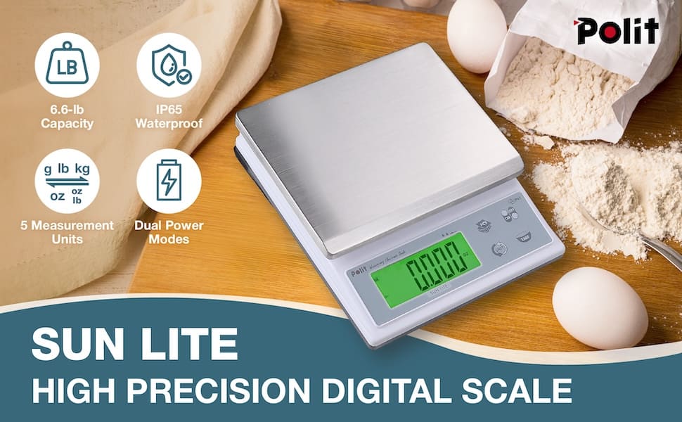 Polit Food Kitchen Scale Sun Lite, 6.6lb/3Kg Digital Scale Gram Ounce 1g/0.04oz to 0.1g/0.004oz Accuracy, Waterproof Stainless Steel with LCD Display, Rechargeable, 5 Weight Unit (with Power Adaptor)