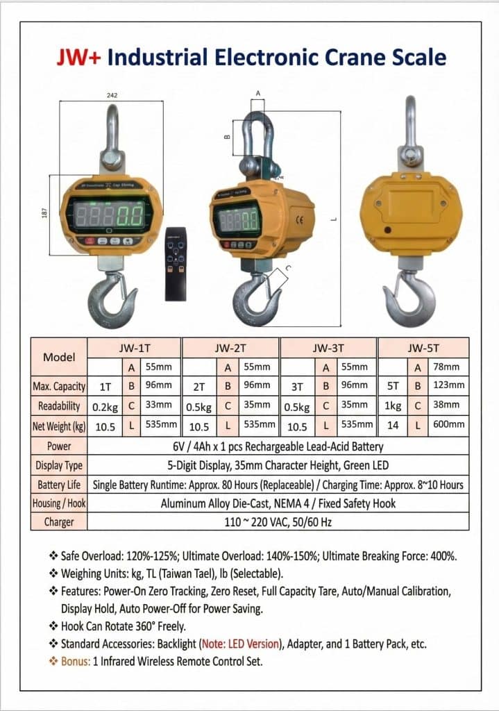 JW+ 5 Ton Industrial Crane Scale with Swivel Hook